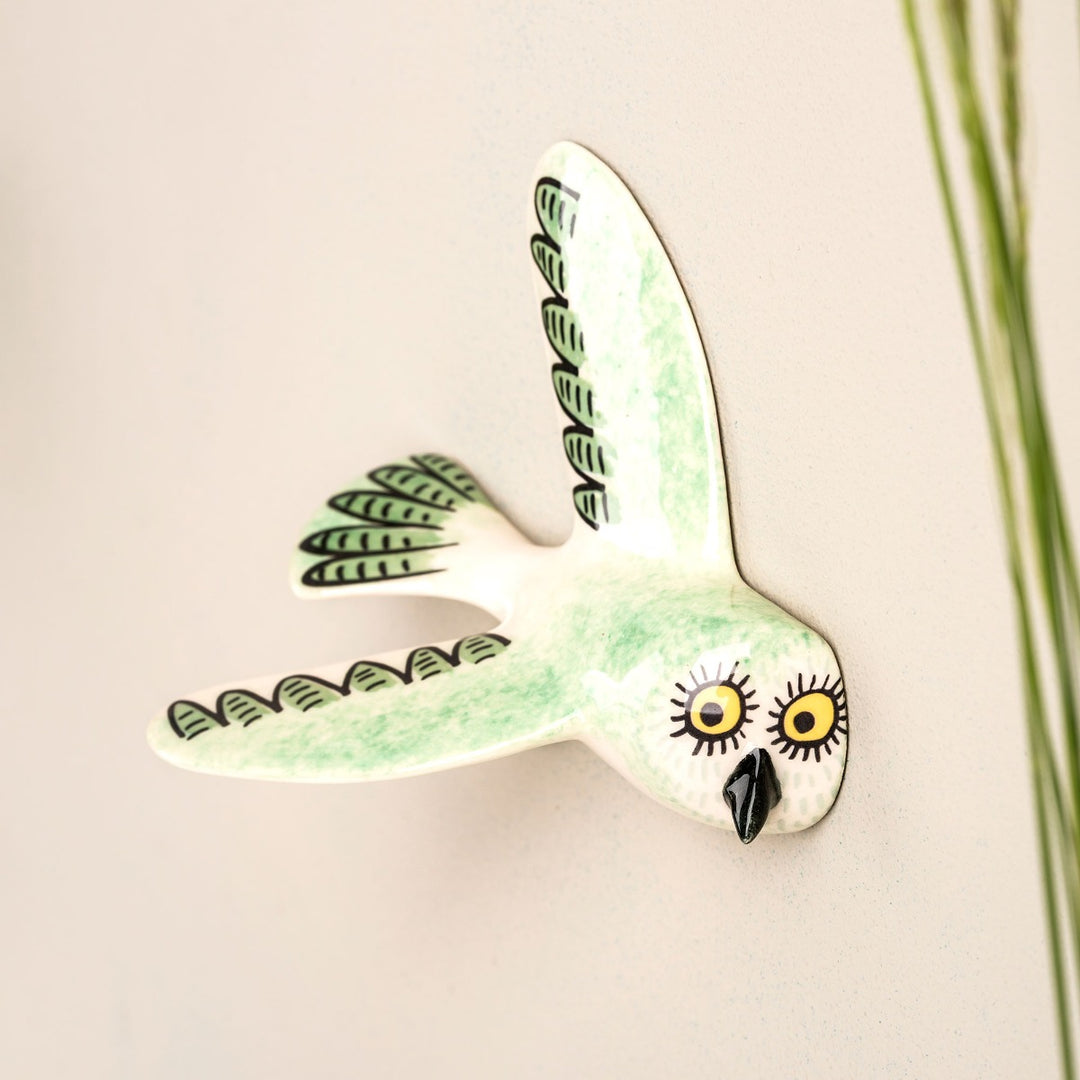 Handmade Ceramic Wall-Mounted Jade Green Flying Owl Trio by Hannah Turner