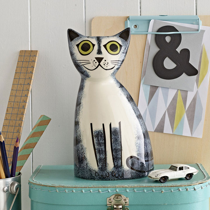 Handmade Ceramic Grey Tabby Cat Money Box by Hannah Turner