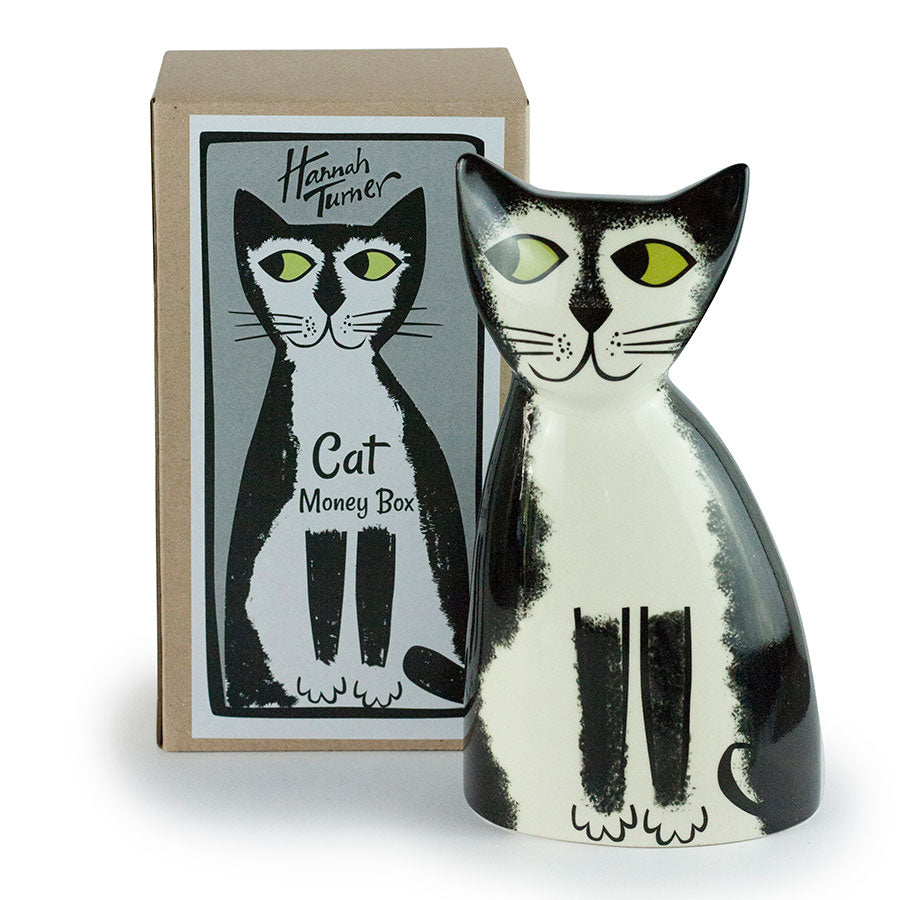 Handmade Ceramic Black and White Cat Money Box by Hannah Turner