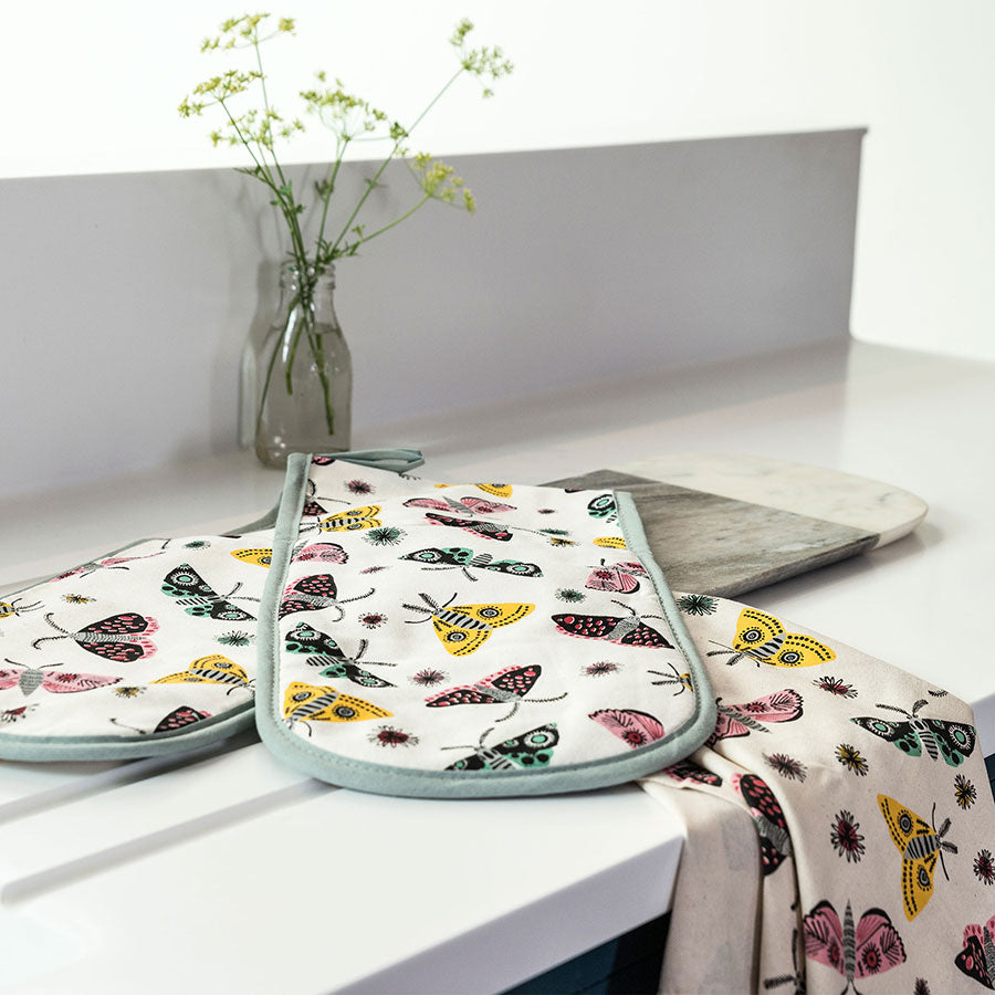 Screen Printed Unbleached Cotton Moth Oven Gloves by Hannah Turner