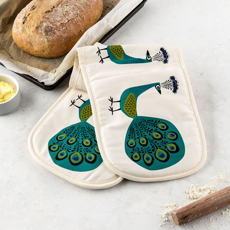 Screen Printed Unbleached Cotton Peacock Oven Gloves by Hannah Turner