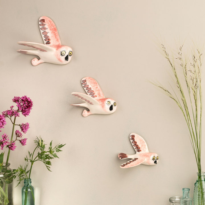Handmade Ceramic Pink Wall-Mounted Flying Owl Trio by Hannah Turner