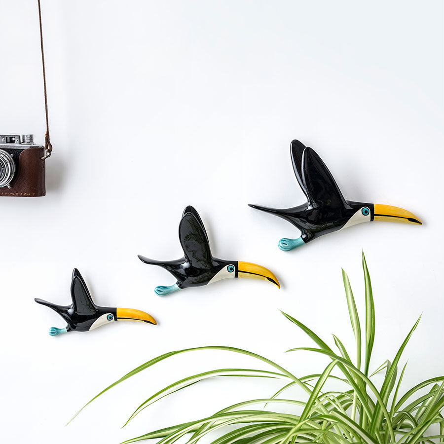 Handmade Ceramic Wall-Mounted Flying Toucan Trio by Hannah Turner