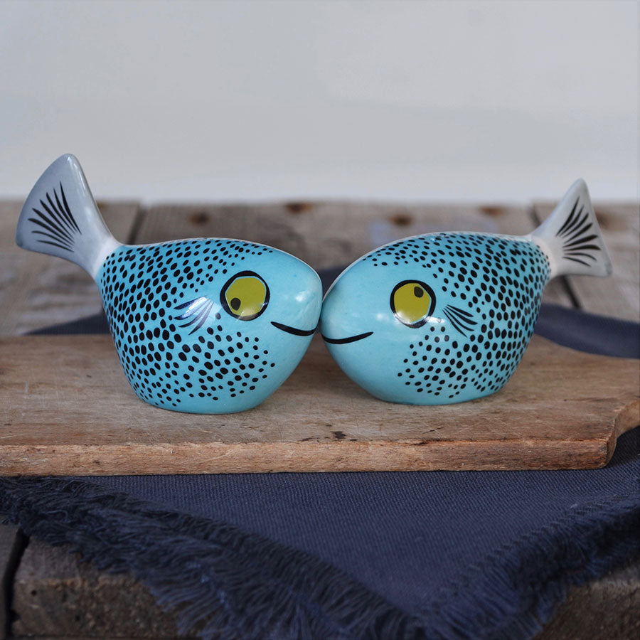 Handmade Ceramic Teal Blue Fish Salt and Pepper Shakers by Hannah Turner