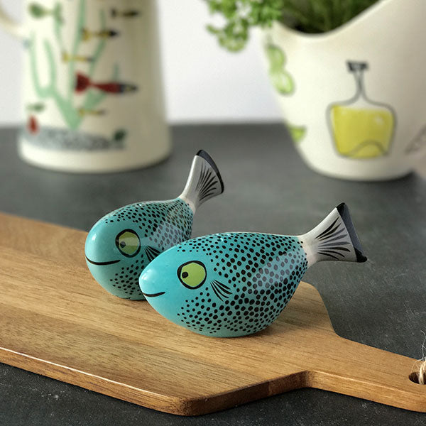 Handmade Ceramic Teal Blue Fish Salt and Pepper Shakers by Hannah Turner