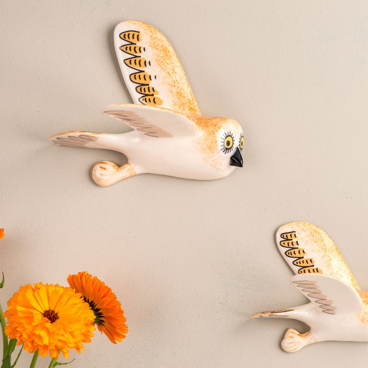 Handmade Ceramic Burnt Orange Wall-Mounted Flying Owl Trio by Hannah Turner
