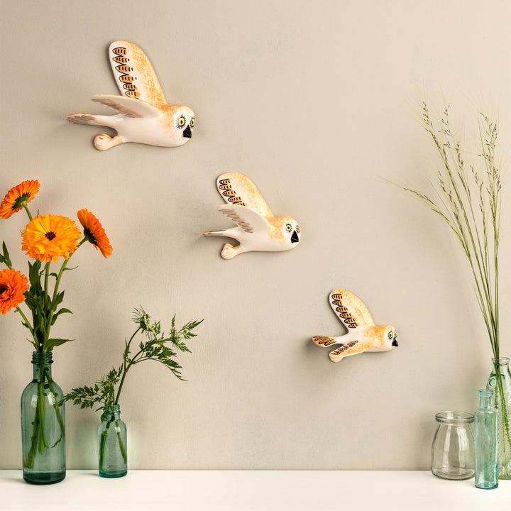 Handmade Ceramic Burnt Orange Wall-Mounted Flying Owl Trio by Hannah Turner